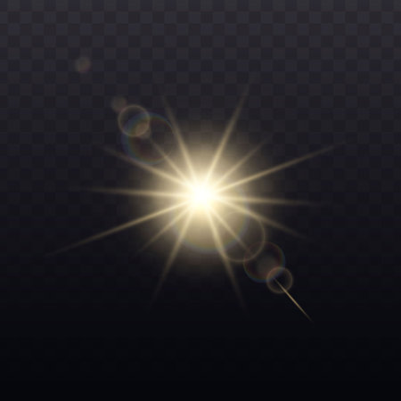 Bright golden light burst with lens flare on dark background. Vector illustrationのイラスト素材
