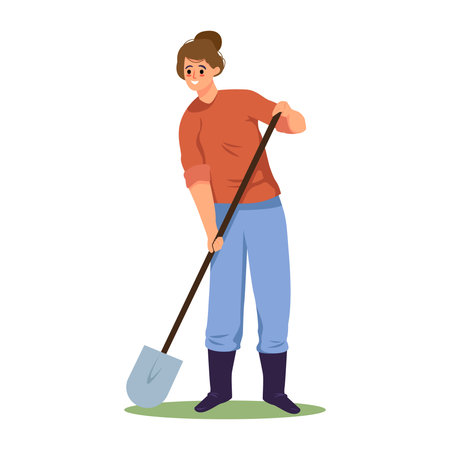 Woman holding shovel wearing boots and casual clothes on white background. Vector illustrationのイラスト素材