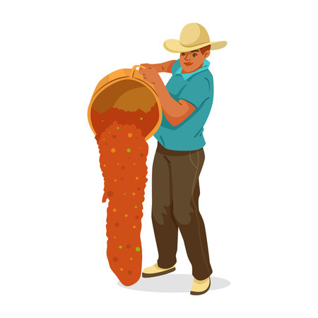 Farmer pouring harvested coffee beans from bucket in flat style. Vector illustrationのイラスト素材