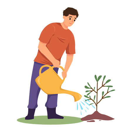 Man watering small plant with yellow can on white background outdoors concept. Vector illustrationのイラスト素材