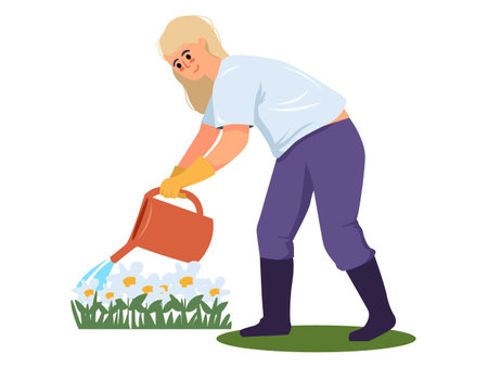 Woman watering flowers in garden wearing gloves and boots on white background. Vector illustrationのイラスト素材