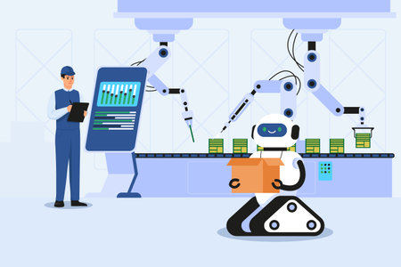 Robot and worker managing automated factory production line together. Vector illustrationのイラスト素材