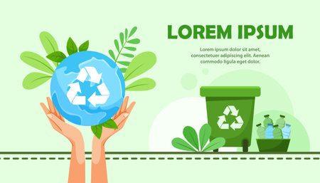 Hands holding recycling symbol globe with plastic waste bin beside it. Vector illustrationのイラスト素材