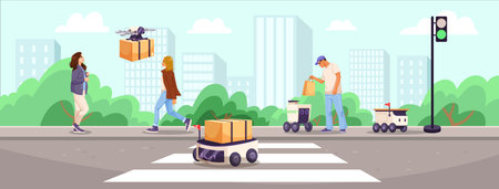 Autonomous delivery robots and drone on city street crosswalk scene. Vector illustrationのイラスト素材
