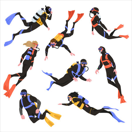 Set of scuba divers in wetsuits with gear on white background. Vector illustrationのイラスト素材
