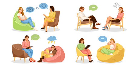 People in therapy sessions expressing emotions and communication issues. Vector illustrationのイラスト素材