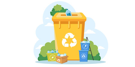 Plastic recycling bins with bottles in eco-friendly outdoor setting. Vector illustrationのイラスト素材