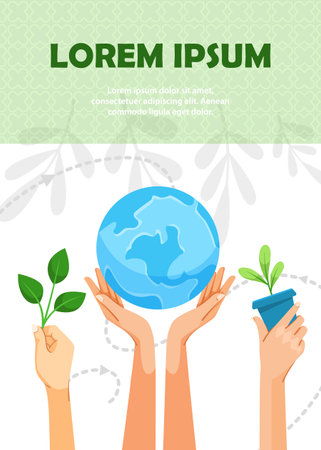 Hands holding Earth and plants on eco-friendly themed background. Vector illustrationのイラスト素材