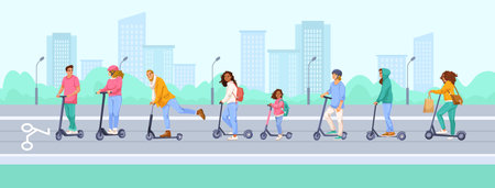 People riding electric scooters in city street on clear day. Vector illustrationのイラスト素材
