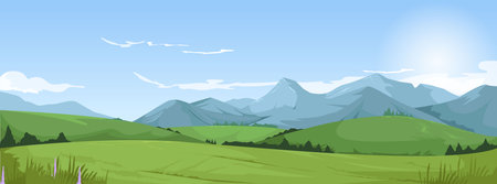 Peaceful green valley with mountains under clear blue sky at sunrise. Vector illustrationのイラスト素材