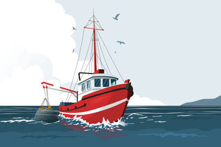 Red fishing boat at sea hauling net with fish, seagulls flying around. Vector illustrationのイラスト素材