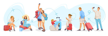 Diverse group of travelers waiting and taking selfies at airport terminal. Vector illustrationのイラスト素材