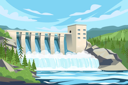 Hydroelectric dam with flowing water in scenic mountain forest landscape. Vector illustrationのイラスト素材