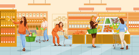 People shopping in grocery store with carts and baskets, choosing products. Vector illustrationのイラスト素材