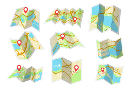 Set of folded paper maps with location pins on white background. Vector illustrationのイラスト素材