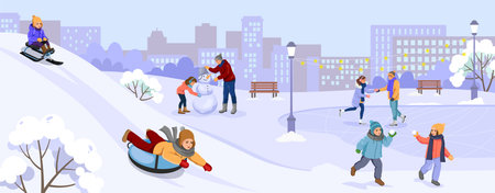 Winter fun activities with kids sledding, skating, and playing in snow. Vector illustrationのイラスト素材
