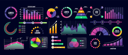 Colorful infographic elements set with charts, graphs, and diagrams on dark background. Vector illustrationのイラスト素材
