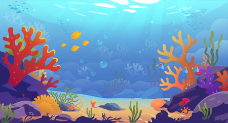 Colorful coral reef underwater scene with fish and sunlight rays. Vector illustrationのイラスト素材