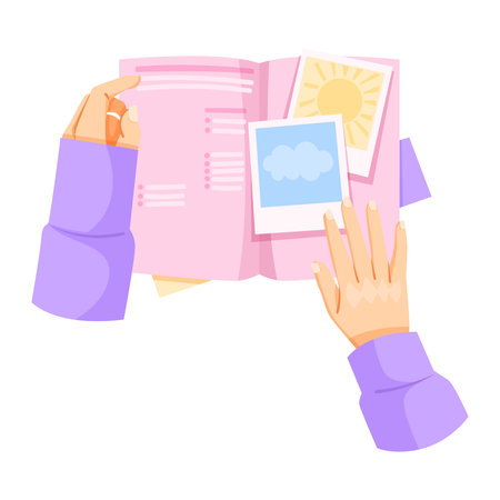 Hands holding scrapbook with weather-themed images on pages. Vector illustrationのイラスト素材