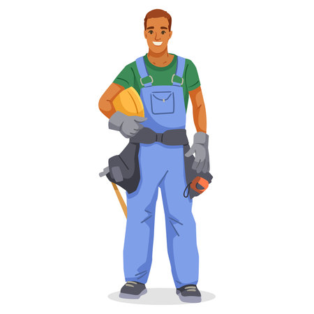 Smiling construction worker in overalls holding helmet and tape measure. Vector illustrationのイラスト素材