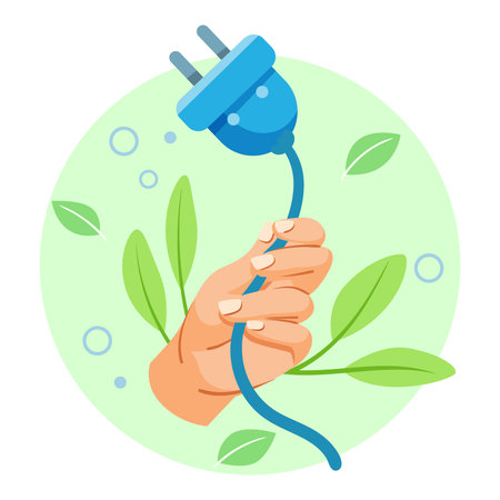 Hand holding blue plug with green leaves on eco energy concept background. Vector illustrationのイラスト素材