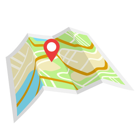 Folded paper map with red location pin icon on white background. Vector illustrationのイラスト素材