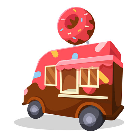 Donut-themed food truck with colorful frosting and wheels on white background. Vector illustrationのイラスト素材