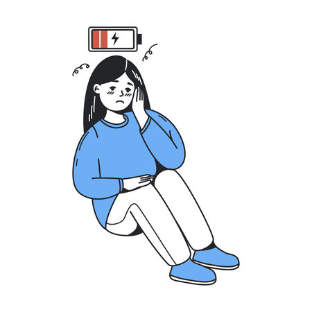 Tired woman sitting with low battery icon above head on white background. Vector illustrationのイラスト素材