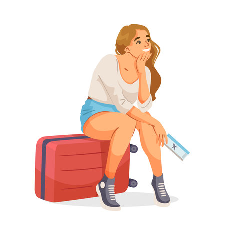 Young woman sitting on suitcase with ticket in hand smiling calmly. Vector illustrationのイラスト素材