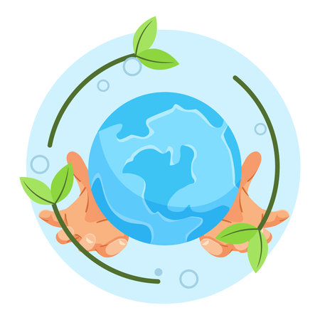 Hands holding Earth with green leaves and circular eco elements. Vector illustrationのイラスト素材