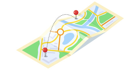Folded city map with route and red pins for navigation concept. Vector illustration
