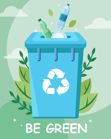 Blue recycling bin with plastic bottles and eco-friendly message outdoors. Vector illustrationのイラスト素材