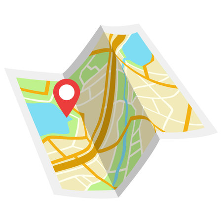 Folded city map with location pin marker on white background. Vector illustrationのイラスト素材