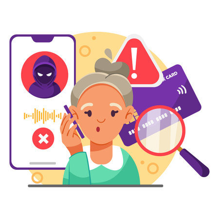 Elderly woman targeted by phone scam with credit card fraud alert symbols. Vector illustrationのイラスト素材