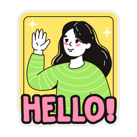 Smiling girl waving hand with text hello in cartoon style on yellow background. Vector illustrationのイラスト素材