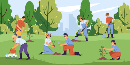 Group of people gardening together in park with city skyline view. Vector illustrationのイラスト素材