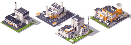 Set of isometric industrial factory buildings with chimneys and tanks. Vector illustrationのイラスト素材