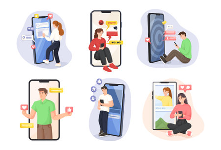 People interacting with giant smartphones and social media notifications. Vector illustrationのイラスト素材