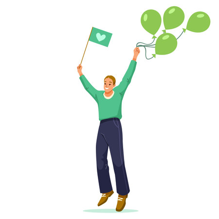 Happy man jumping holding balloons and waving heart flag in celebration. Vector illustrationのイラスト素材