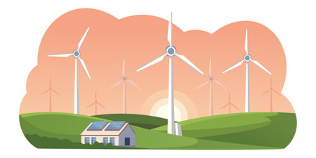 Wind farm and solar house on green hills at sunrise. Vector illustration