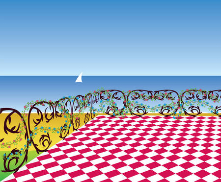 View from the terrace to the sea beach. Vector illustrationのイラスト素材