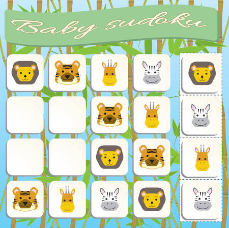 Sudoku for kids with colorful animals images. Game for preschool kids, training logicのイラスト素材