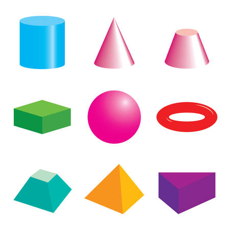 Set of volumetric geometric colored shapes.