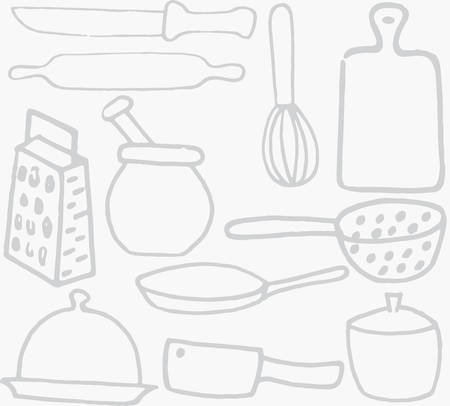 Seamless background. Set of kitchen accessories in doodle style, isolatedのイラスト素材