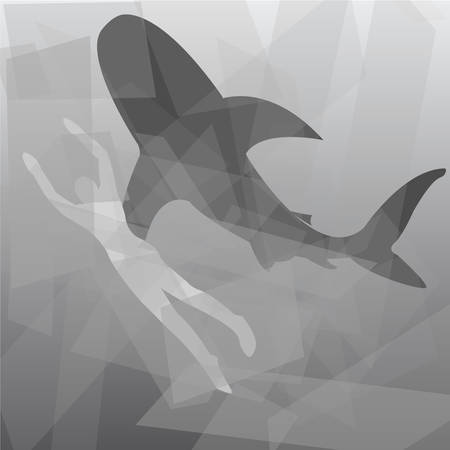 Silhouettes of diver and shark. Polygon texturing. Vector illustrationのイラスト素材