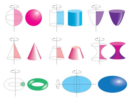 The formation of bodies of revolution. Set of volumetric geometrical colored shapes. Volumetric geometric shapes of rotation. Vector illustrationの素材 [FY310146486482]