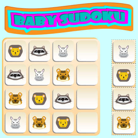 Sudoku for kids with colorful animals images. Game for preschool kids, training logicのイラスト素材