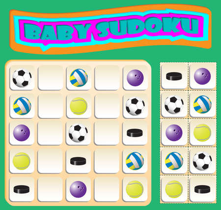 Baby Sudoku with colorful sports balls. Game for preschool kids, training logicのイラスト素材