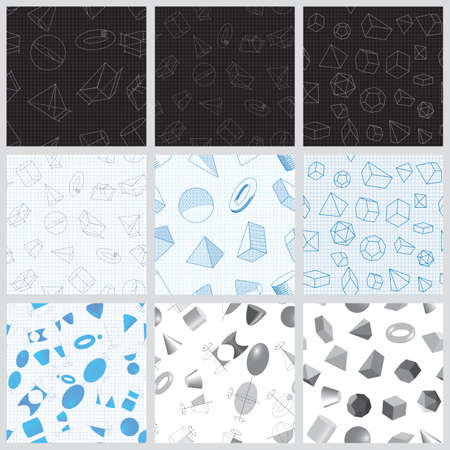 Seamless backgrounds of volumetric geometrical shapes set. Vector illustrationのイラスト素材
