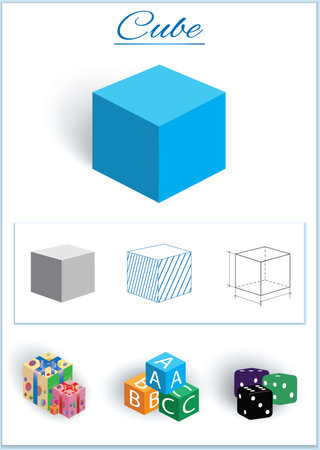 Cube. Image of volumetric geometrical figure with examples of such objects form. Vector illustrationのイラスト素材